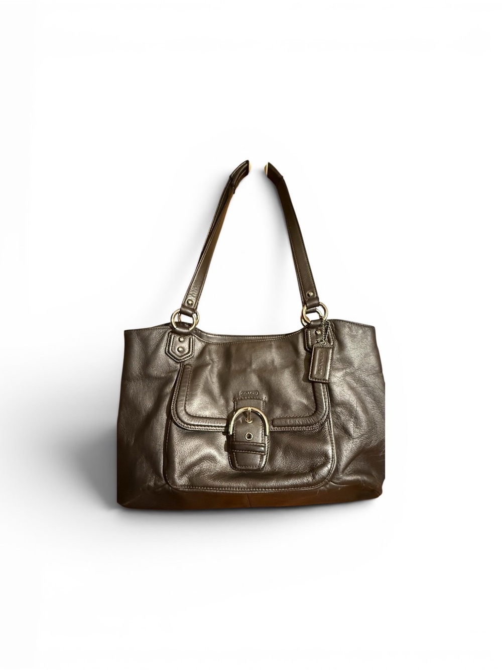 Coach Black Leather Shoulder Tote with Front Buckle Pocket